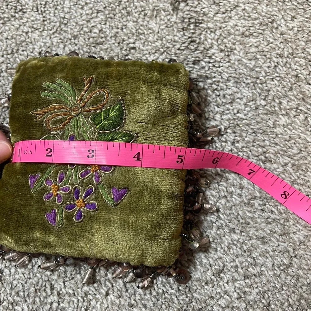 Green velvet beaded miniature pillow with floral embroidery